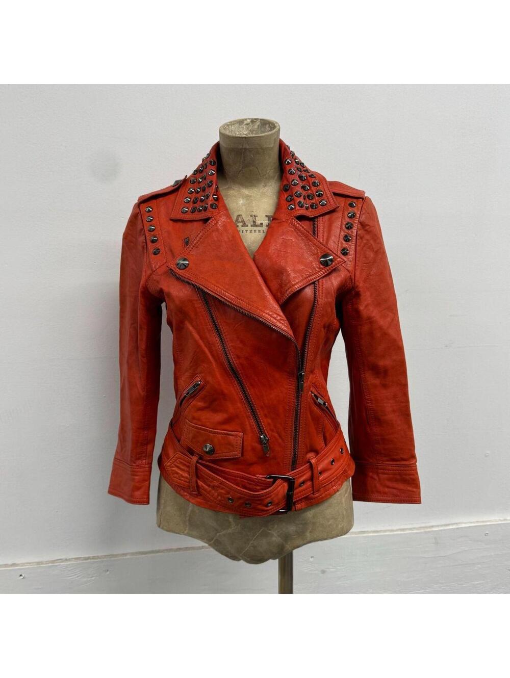 Vintage Orange Red Studded Moto Leather Jacket